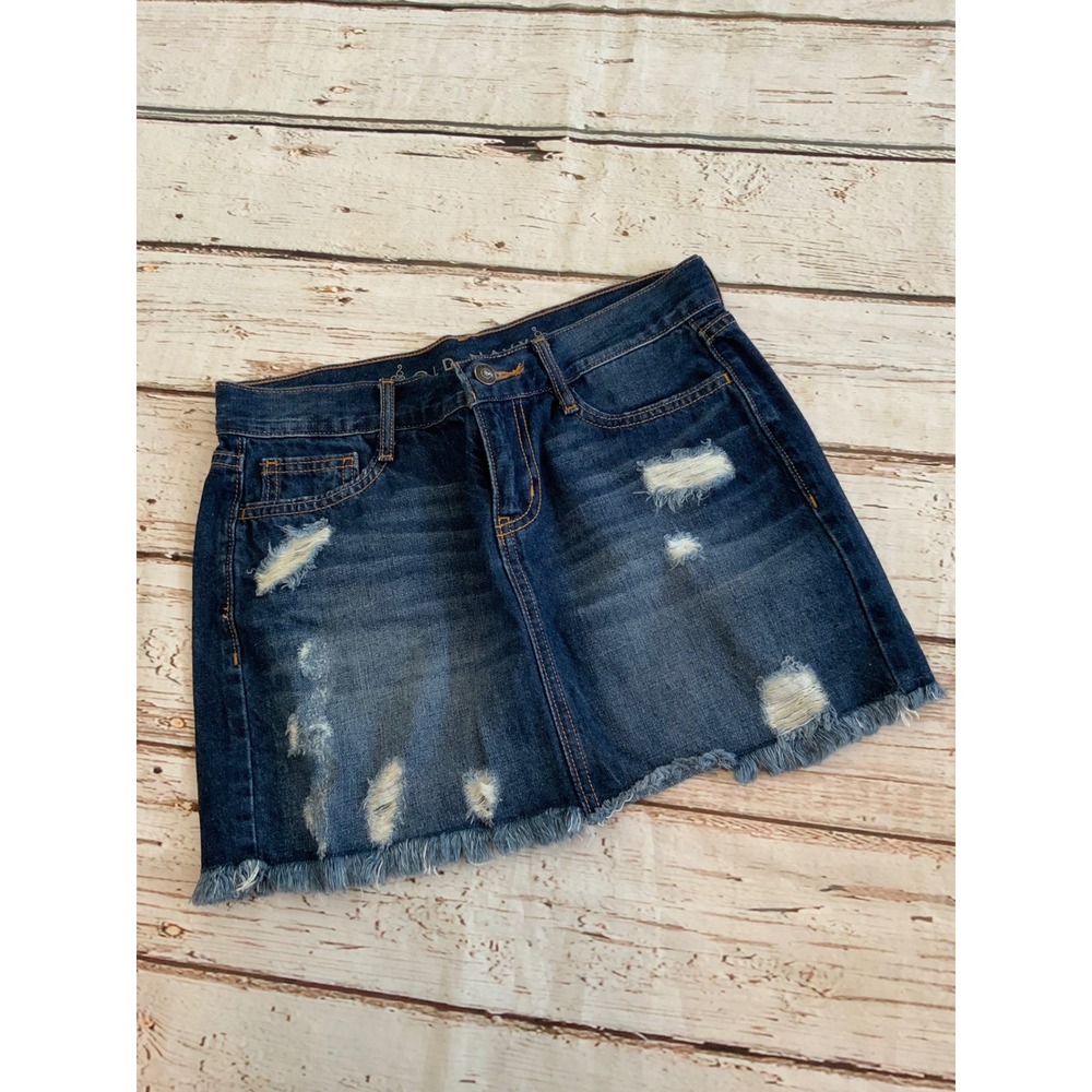 Old Navy Distressed Denim Mini Skirt Dark Wash Raw Hem Size 0 Y2K Jean Skirt
